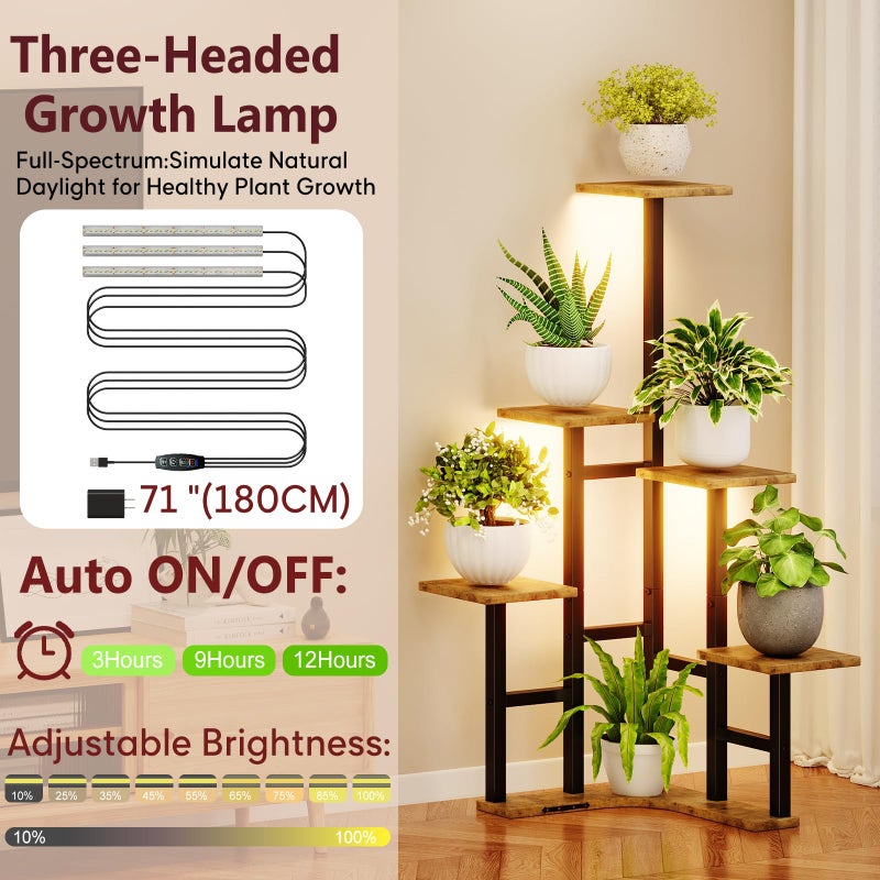 Yzosvki Corner Plant Stand Indoor with Grow Lights, 6 Tiered Corner Plant Shelf Flower Stand for Multiple Plants, Plant Shelves Organizer Rack for Living Room, Balcony, Patio, Square Rustic Brown - Image 4