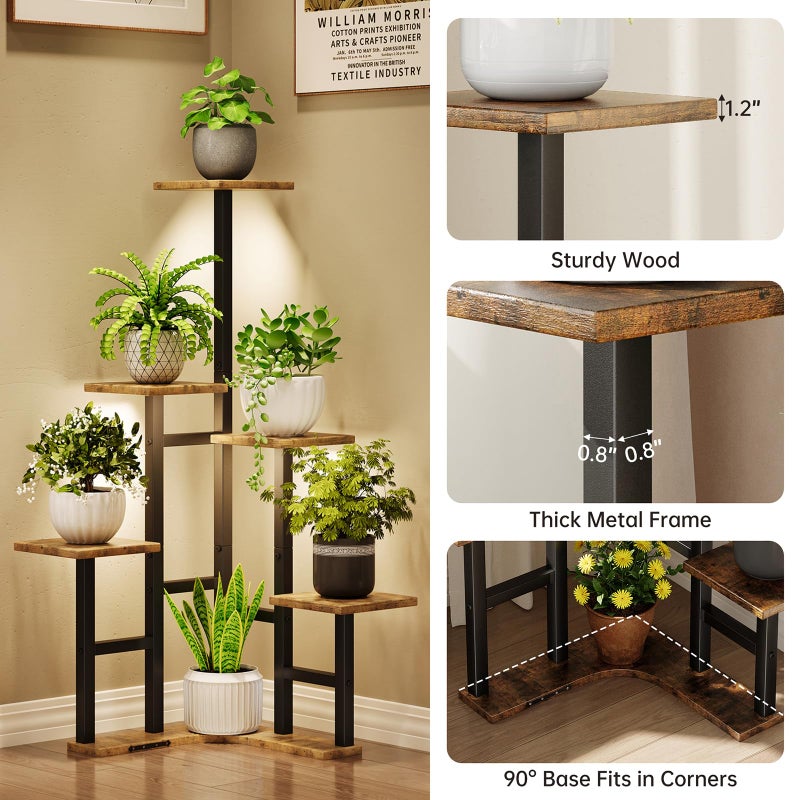 Yzosvki Corner Plant Stand Indoor with Grow Lights, 6 Tiered Corner Plant Shelf Flower Stand for Multiple Plants, Plant Shelves Organizer Rack for Living Room, Balcony, Patio, Square Rustic Brown - Image 5