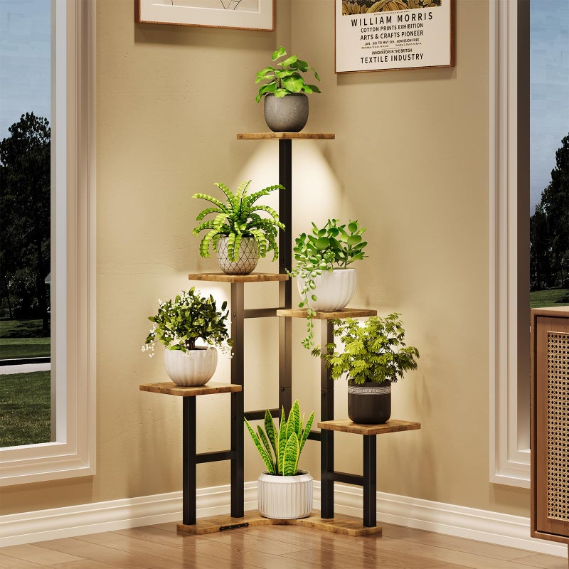 Yzosvki Corner Plant Stand Indoor with Grow Lights, 6 Tiered Corner Plant Shelf Flower Stand for Multiple Plants, Plant Shelves Organizer Rack for Living Room, Balcony, Patio, Square Rustic Brown - Image 1
