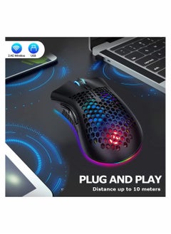 KASTWAVE ماوس ألعاب لاسلكي، ماوس ألعاب مع غطاء على شكل قرص العسل، 7 أزرار حساسة، إضاءة خلفية RGB، 3 نقطة لكل بوصة قابلة للتعديل، ماوس USB بصري لاسلكي مريح لأجهزة الكمبيوتر المحمول والكمبيوتر الشخصي وأجهزة الكمبيوتر المحمول  - Image 4