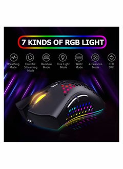 KASTWAVE ماوس ألعاب لاسلكي، ماوس ألعاب مع غطاء على شكل قرص العسل، 7 أزرار حساسة، إضاءة خلفية RGB، 3 نقطة لكل بوصة قابلة للتعديل، ماوس USB بصري لاسلكي مريح لأجهزة الكمبيوتر المحمول والكمبيوتر الشخصي وأجهزة الكمبيوتر المحمول  - Image 2
