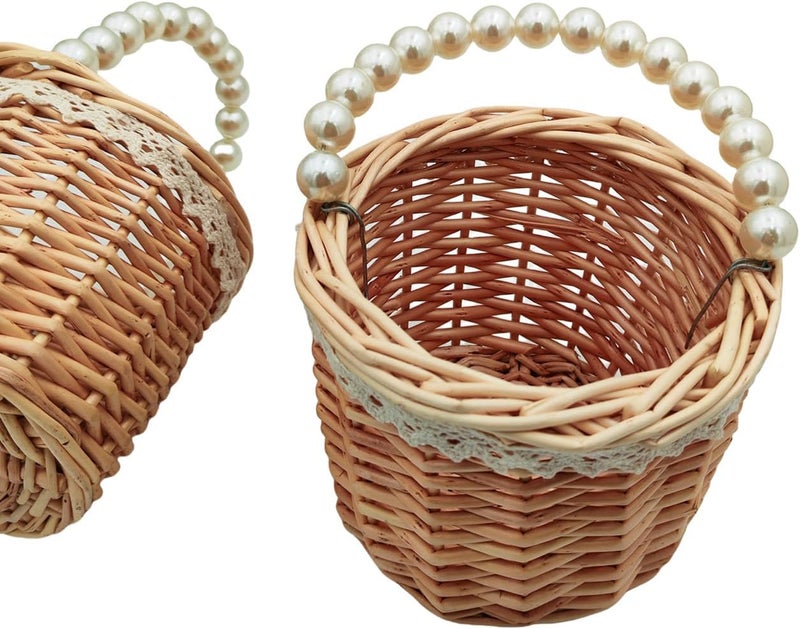 Yuudar Rustic Wicker Rattan Wedding Flower Girl Baskets,Woven Rattan Storage Basket with Pearl Handles,Woven Eggs Candy Basket for Wedding Home Garden Decor (F) - Image 4