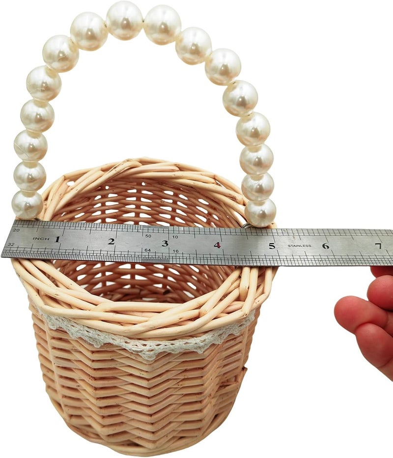Yuudar Rustic Wicker Rattan Wedding Flower Girl Baskets,Woven Rattan Storage Basket with Pearl Handles,Woven Eggs Candy Basket for Wedding Home Garden Decor (F) - Image 1