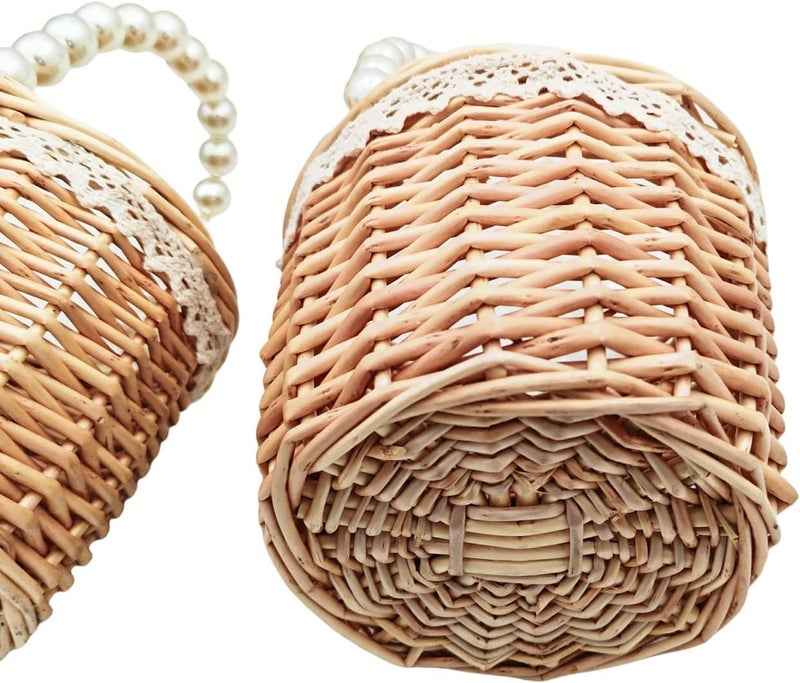 Yuudar Rustic Wicker Rattan Wedding Flower Girl Baskets,Woven Rattan Storage Basket with Pearl Handles,Woven Eggs Candy Basket for Wedding Home Garden Decor (F) - Image 3