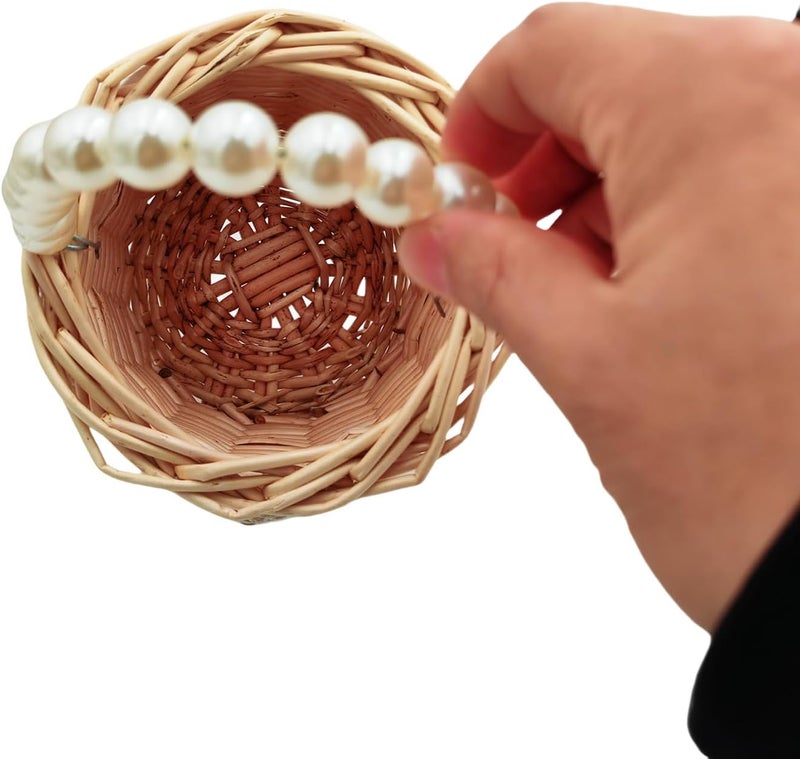 Yuudar Rustic Wicker Rattan Wedding Flower Girl Baskets,Woven Rattan Storage Basket with Pearl Handles,Woven Eggs Candy Basket for Wedding Home Garden Decor (F) - Image 2
