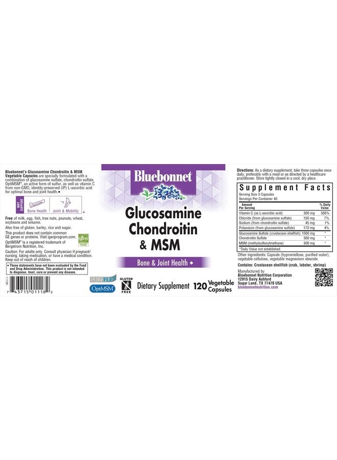 Bluebonnet Nutrition Glucosamine Chondroitin & MSM, Glucosamine, Bone & Joint Health*, Non-GMO, Gluten-Free, Soy-Free, Dairy-Free, 120 Vegetable Capsules, 40 Servings  - Image 2