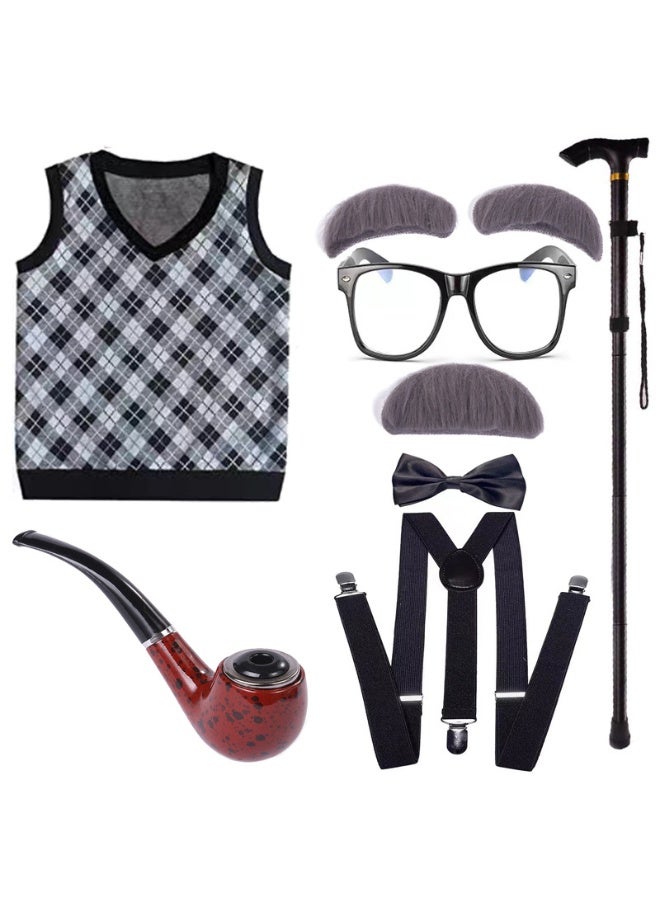 Old Man Costume for Kids 100 Days of School Costume for Boys with Old Man Hat, Old Person Glasses