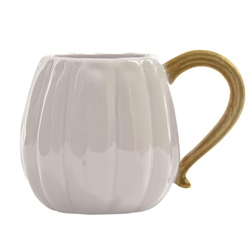 Mary Square Fall Harvest 12 Ounce Glossy Ceramic Coffee Cup Mug With Stem Handle, Classic White, Gold Tone, Pumpkin Design - Image 1