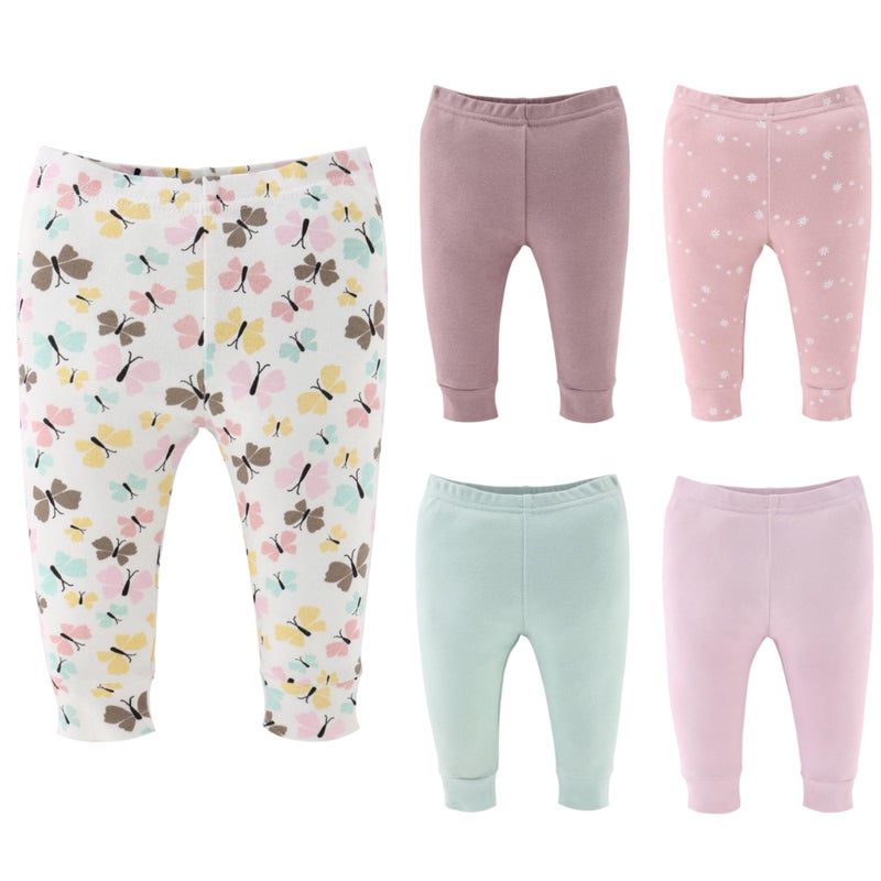The Peanut Shell The Peanutshell 5 Pack Baby Girl Pants Set - 100% Cotton Toddler Pants for Girls, 6-9 Month Clothes for Toddlers and Babies - Butterfly Kisses Multicolor - Image 1