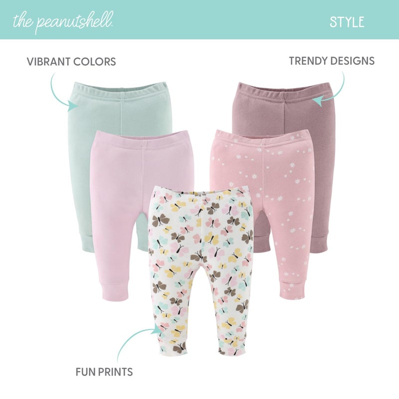 The Peanut Shell The Peanutshell 5 Pack Baby Girl Pants Set - 100% Cotton Toddler Pants for Girls, 6-9 Month Clothes for Toddlers and Babies - Butterfly Kisses Multicolor - Image 5