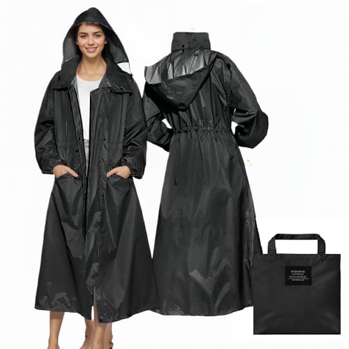 LAMA Womens Long Raincoats Rain Jacket Waterproof Packable Outdoor Hooded Windbreaker Lightweight Adjustable Waist for Outdoors(Black, XL) - Image 1