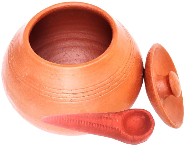 VILLAGE KRAFT VILLAGE KRAFT Handcrafted Earthen Dip Bowl for Serving ChutneyKetchupPickleSauce ContainerVesselUtensil Potwith Spoon Lid for DiningRestaurantHotel 350 Ml 1 Pc Brick Red - Image 1