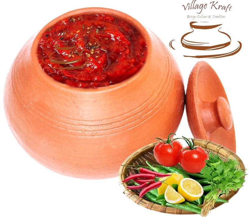 VILLAGE KRAFT VILLAGE KRAFT Handcrafted Earthen Dip Bowl for Serving ChutneyKetchupPickleSauce ContainerVesselUtensil Potwith Spoon Lid for DiningRestaurantHotel 350 Ml 1 Pc Brick Red - Image 2