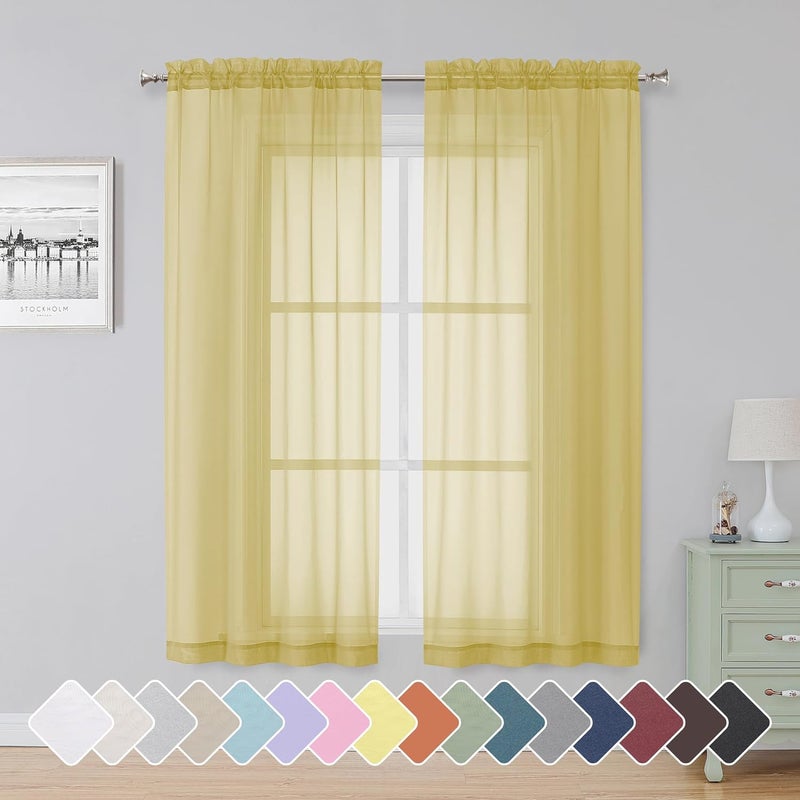 SimpleBrand Yellow Sheer Curtains 63 Inch Length 2 Panels, Rod Pocket Solid Color Window Sheer Curtain Panels, Elegant Curtains & Drapes for Living Room, Bedroom (42" W x 63" L) - Image 1