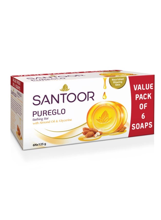 Santoor PureGlo Glycerine Soap with Almond Oil and Glycerine, 125g (Pack of 6) for Nourished Glowing Skin - Image 1