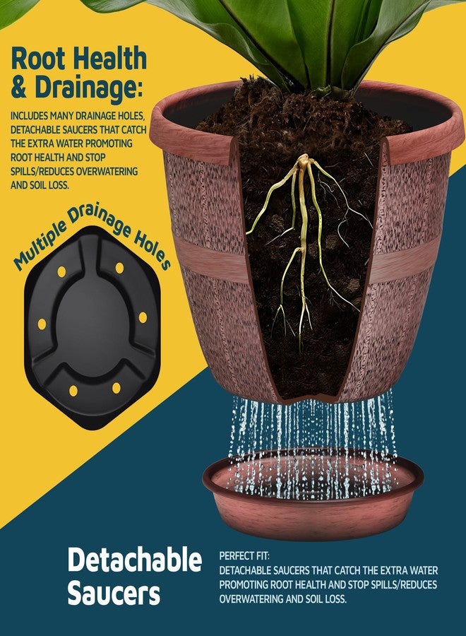 لايف ماستر مجموعة من 5 أوعية زراعة خارجية على شكل براميل ويسكي مقاس 10 بوصات - أوعية نباتات بلاستيكية متينة للاستخدام الداخلي والخارجي مزودة بفتحات تصريف وصحن، أوعية زراعة خفيفة الوزن على شكل براميل ريفية للزهور والأعشاب والنباتات الصغيرة - Image 4