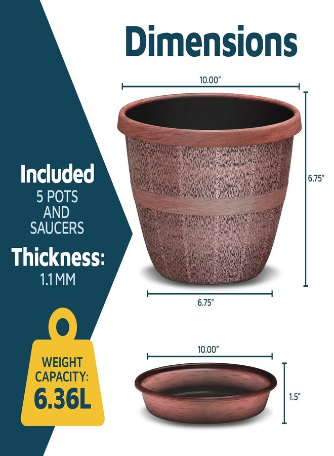 لايف ماستر مجموعة من 5 أوعية زراعة خارجية على شكل براميل ويسكي مقاس 10 بوصات - أوعية نباتات بلاستيكية متينة للاستخدام الداخلي والخارجي مزودة بفتحات تصريف وصحن، أوعية زراعة خفيفة الوزن على شكل براميل ريفية للزهور والأعشاب والنباتات الصغيرة - Image 2