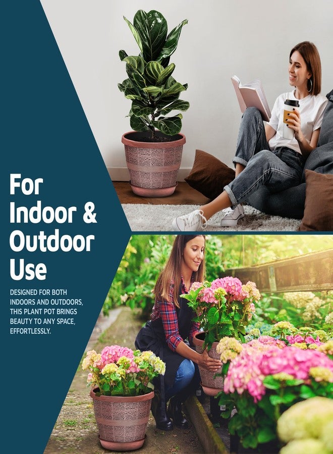 لايف ماستر مجموعة من 5 أوعية زراعة خارجية على شكل براميل ويسكي مقاس 10 بوصات - أوعية نباتات بلاستيكية متينة للاستخدام الداخلي والخارجي مزودة بفتحات تصريف وصحن، أوعية زراعة خفيفة الوزن على شكل براميل ريفية للزهور والأعشاب والنباتات الصغيرة - Image 3