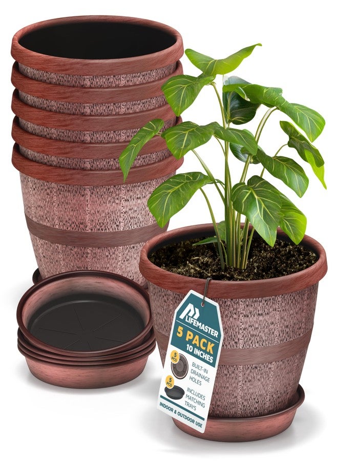 لايف ماستر مجموعة من 5 أوعية زراعة خارجية على شكل براميل ويسكي مقاس 10 بوصات - أوعية نباتات بلاستيكية متينة للاستخدام الداخلي والخارجي مزودة بفتحات تصريف وصحن، أوعية زراعة خفيفة الوزن على شكل براميل ريفية للزهور والأعشاب والنباتات الصغيرة - Image 1