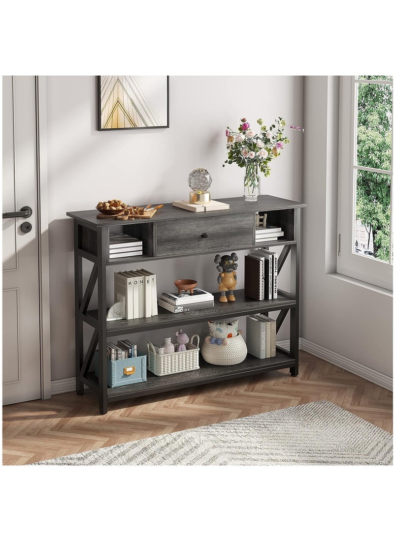 Console Table with Drawer Industrial Wooden 3-layer Shelf for Living Room Couch Foyer and Kitchen Counter 39" Grey Oak