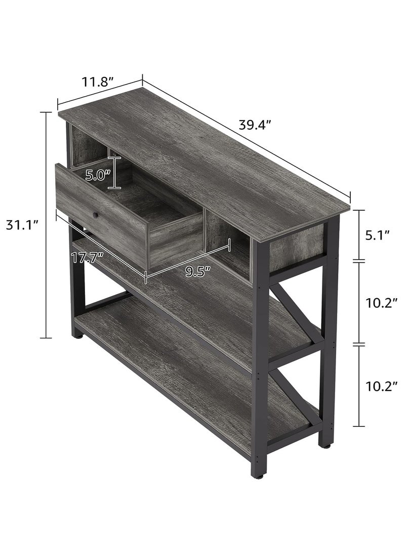 Console Table with Drawer Industrial Wooden 3-layer Shelf for Living Room Couch Foyer and Kitchen Counter 39" Grey Oak