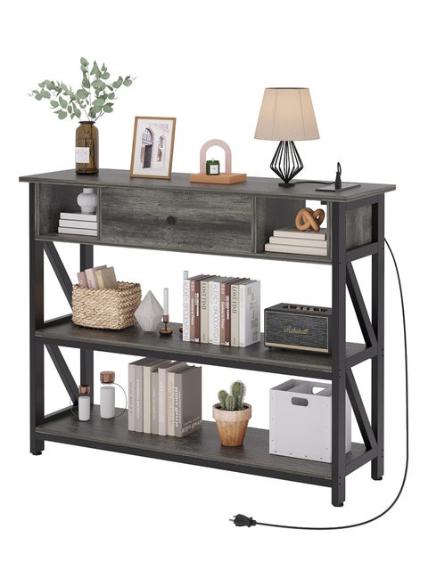 Console Table with Drawer Industrial Wooden 3-layer Shelf for Living Room Couch Foyer and Kitchen Counter 39" Grey Oak