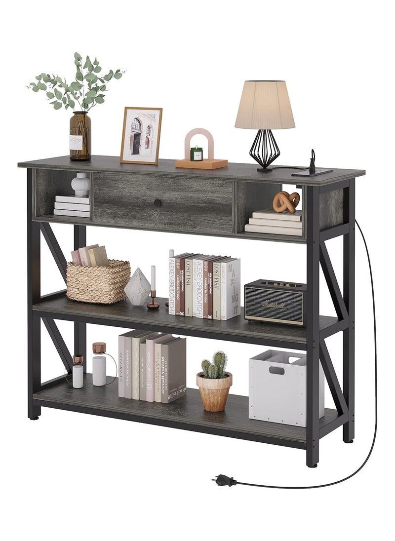 SKY-TOUCH Console Table with Drawer Industrial Wooden 3-layer Shelf for Living Room Couch Foyer and Kitchen Counter 39" Grey Oak  - Image 1