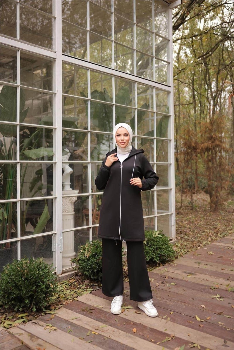Bwest Zippered Hooded Plain Double Hijab Tracksuit - 71229.003 - Black - Image 5