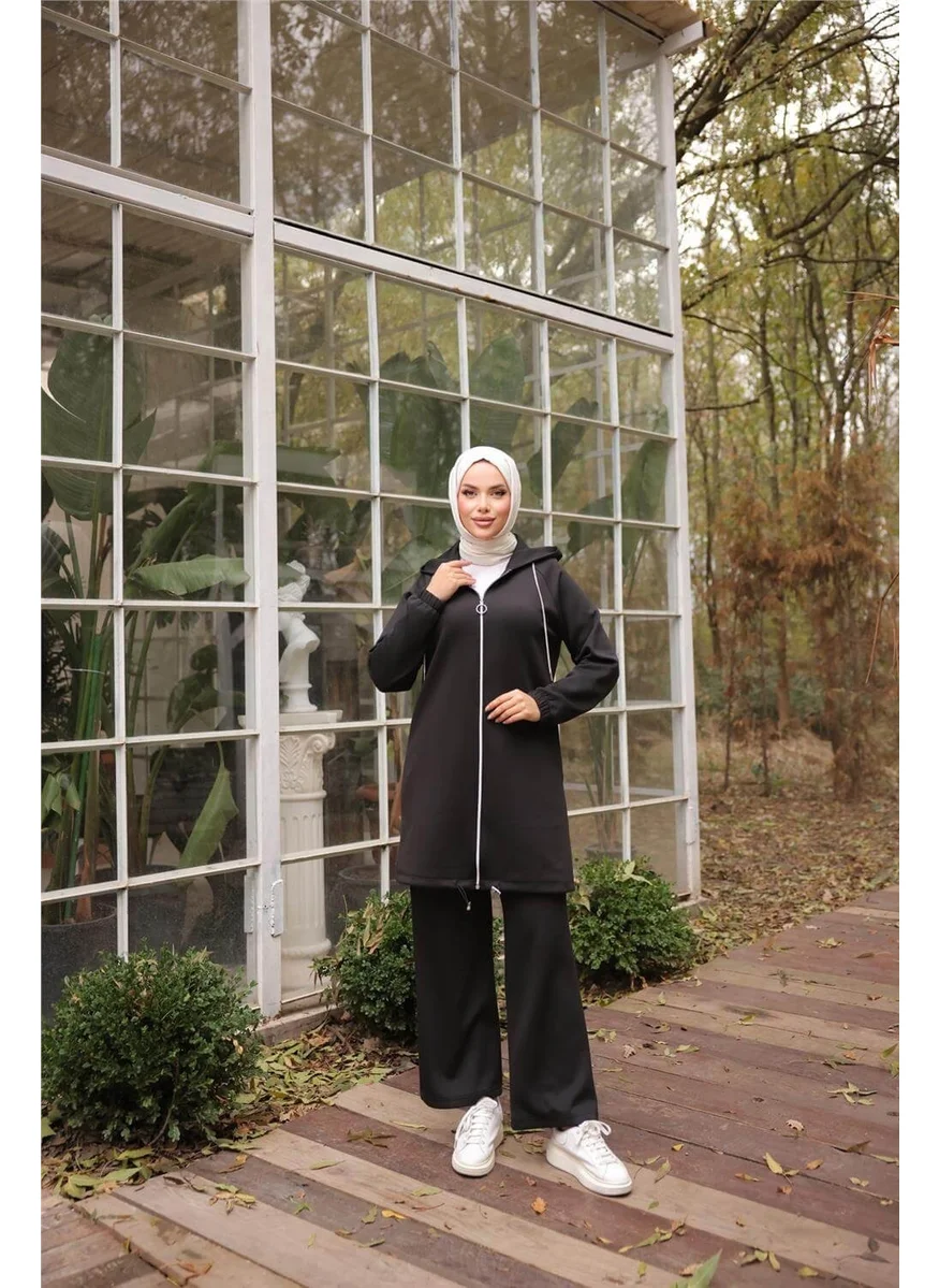 Bwest Zippered Hooded Plain Double Hijab Tracksuit - 71229.003 - Black