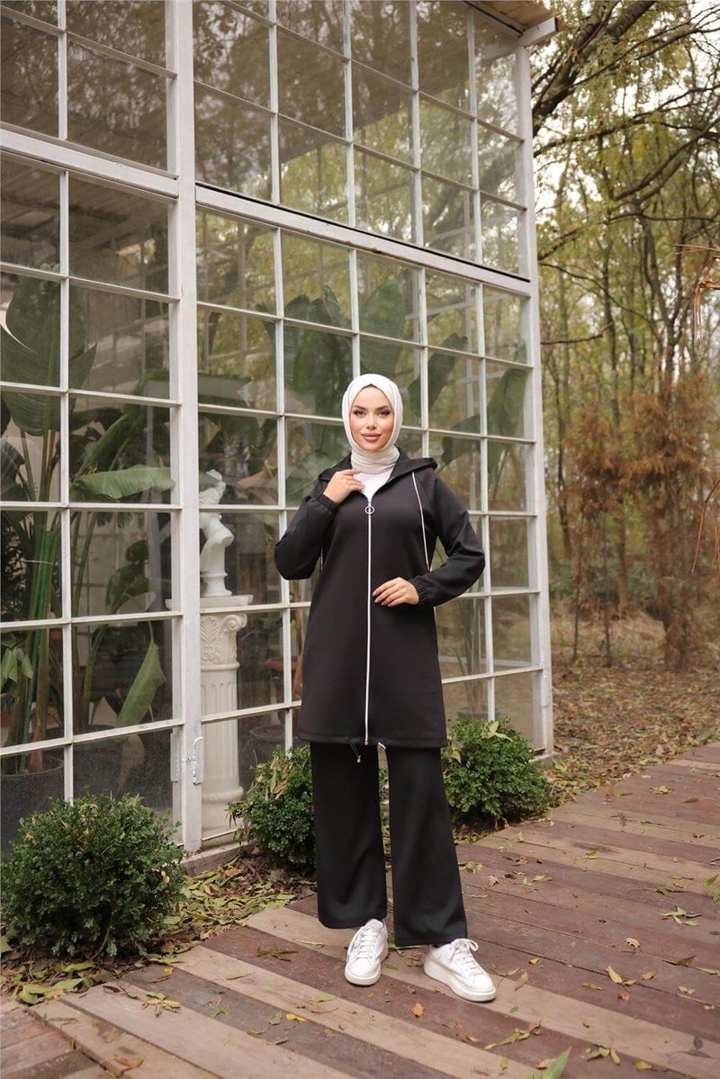 Bwest Zippered Hooded Plain Double Hijab Tracksuit - 71229.003 - Black - Image 1