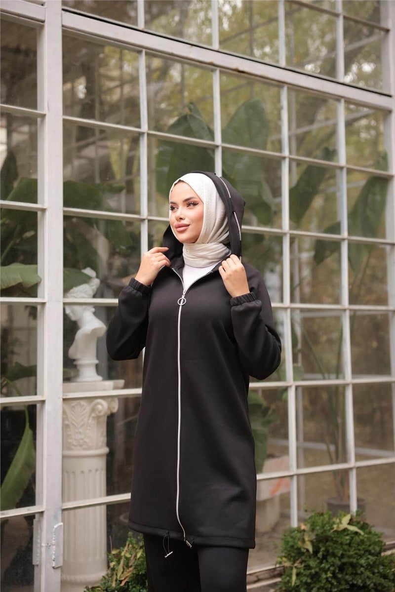 Bwest Zippered Hooded Plain Double Hijab Tracksuit - 71229.003 - Black - Image 3