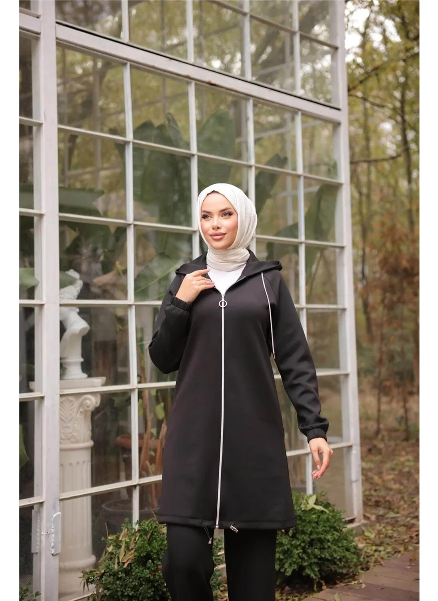 Bwest Zippered Hooded Plain Double Hijab Tracksuit - 71229.003 - Black