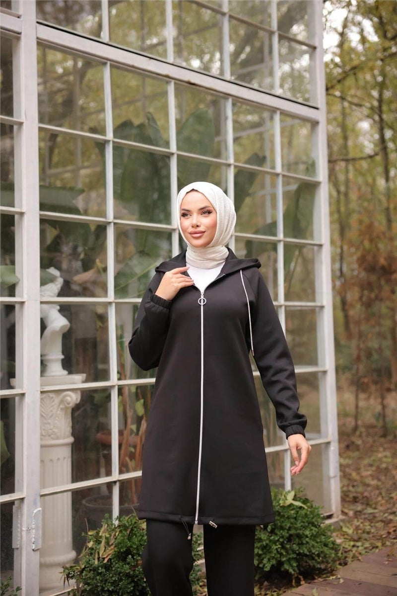 Bwest Zippered Hooded Plain Double Hijab Tracksuit - 71229.003 - Black - Image 2