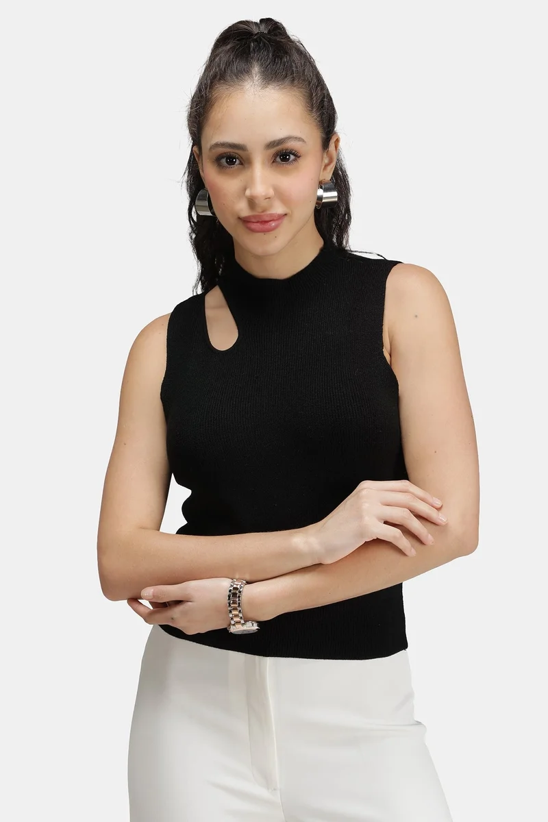 فيرجيو Solid Viscose Asymmetric Cut-Out Flat Knit Tank for Women