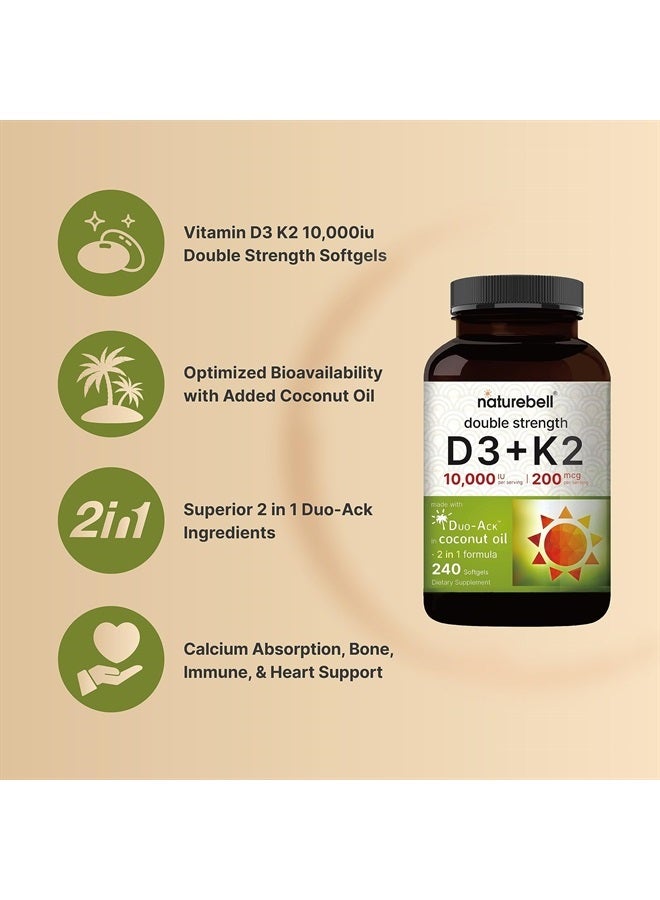 نايتشر بيل فيتامين D3 K2 (10,000 وحدة دولية من فيتامين D + 200 ميكروغرام من فيتامين K MK-7) 240 كبسولة لينة مع زيت جوز الهند لامتصاص كامل | دعم العظام والقلب والجهاز المناعي والكالسيوم | حبة واحدة يومياً، غير معدلة وراثياً - Image 3