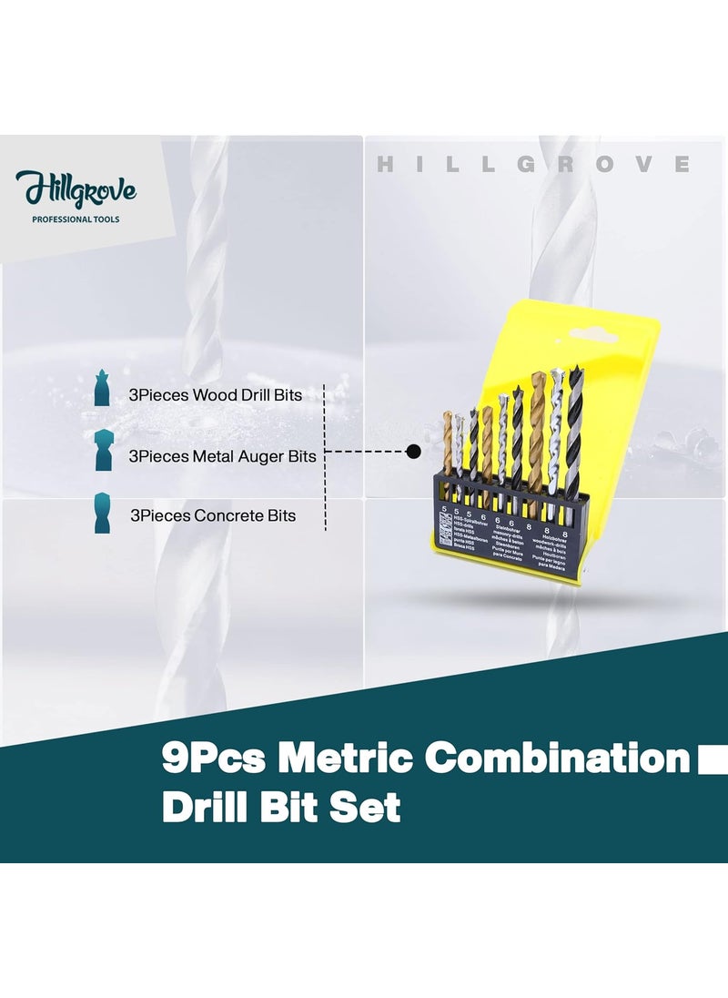 Hillgrove - HGCM578M3 9Pcs Combination Metric Drill Bit Set of HSSWoodMasonry for Hole in MetalConcreteWood - Image 1