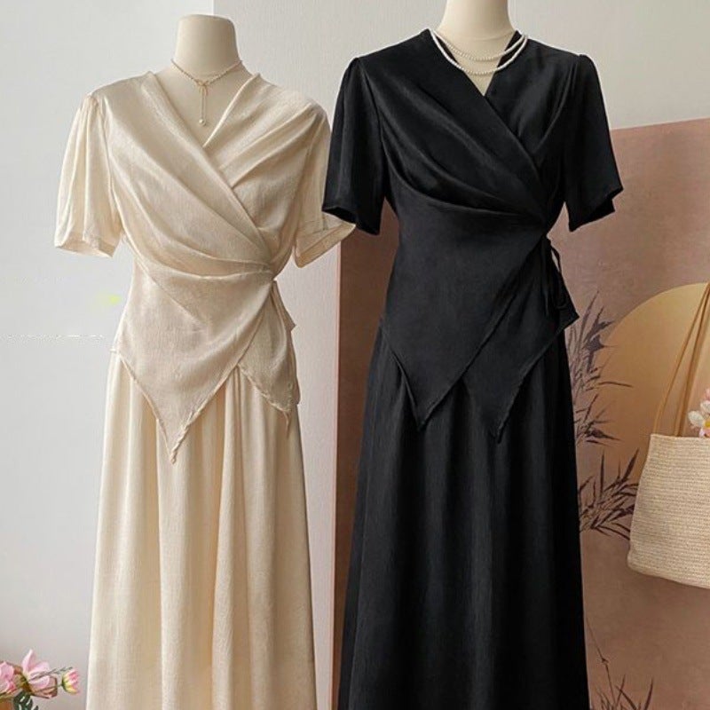 بدلة نسائية كورية 2026 بتصميم غير منتظم مع حزام على الخصر وتنورة متدلية مجموعة من قطعتين عصرية - Image 1