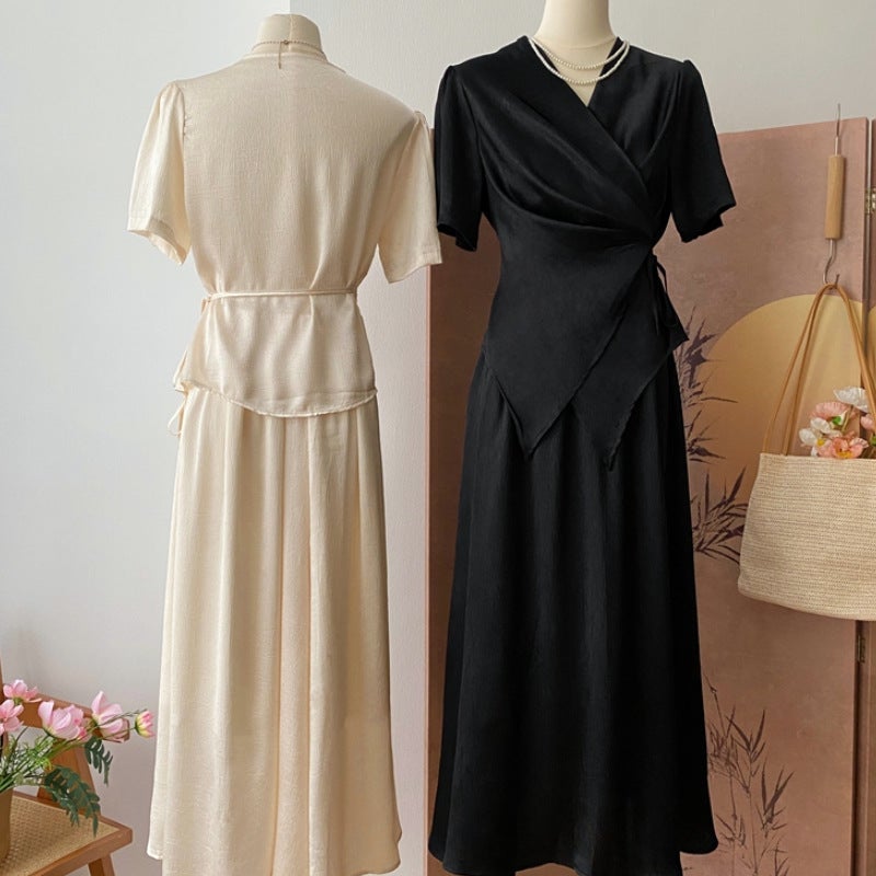 بدلة نسائية كورية 2026 بتصميم غير منتظم مع حزام على الخصر وتنورة متدلية مجموعة من قطعتين عصرية - Image 2