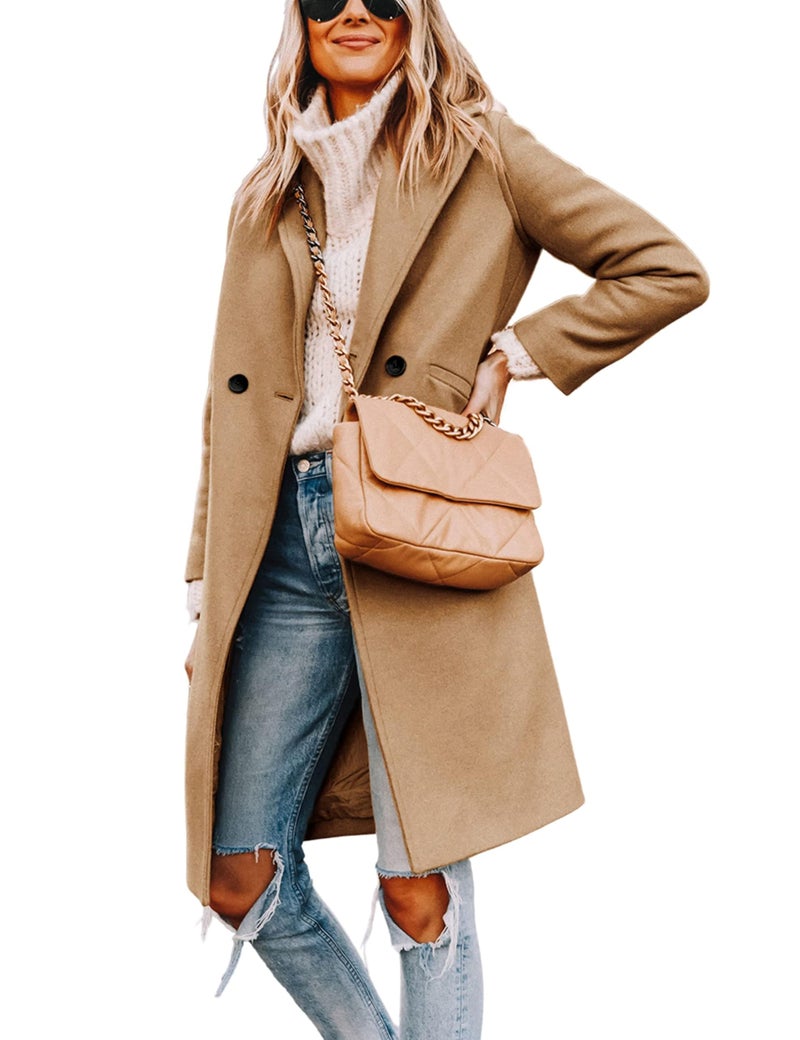Tanming Women's Notch Lapel Double Breasted Wool Blend Mid Long Pea Trench Coat (Khaki-M) - Image 2