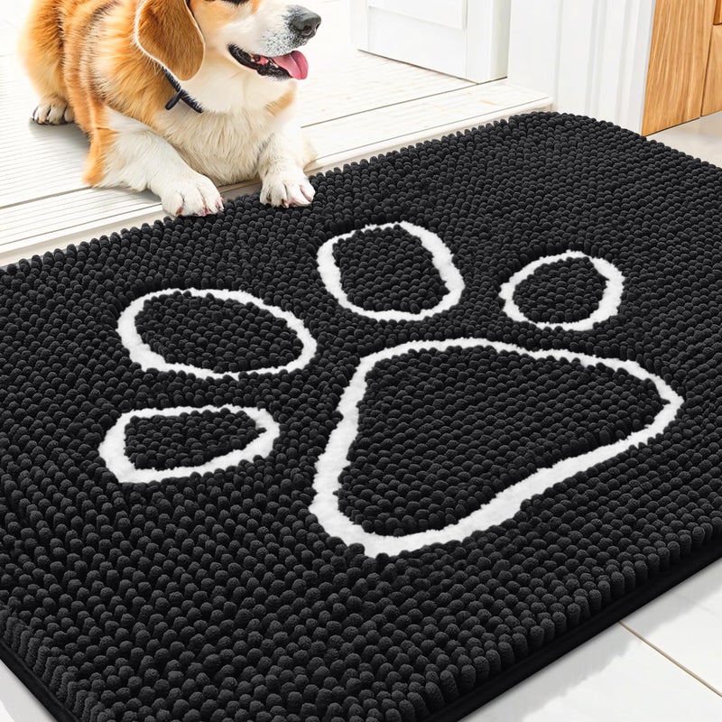 Smiry Dog Door Mat for Muddy Paws Absorbent Dirt Trapper Non Slip Quick Dry Washable Chenille Mat for Mud Dogs Entry Rug for Indoor and Outdoor 30x20 Inches Black