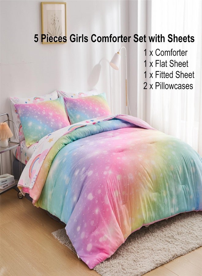 URLINENS Rainbow Girls Twin Comforter Set with Sheets, 5 Pieces Twin Bed in a Bag with Comforter, Sheets and Pillowcases, Soft Microfiber Pastel Glitter Fun Girly Twin Bedding Set for Kids Teens - Image 2