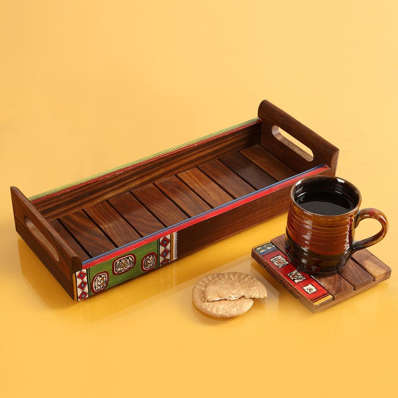 ExclusiveLane Warli Handpainted Decorative Wooden Tray Breakfast Coffee Tea Trays Serving Tea Trays for Snacks (Rectangular shaped, Brown) - Image 1