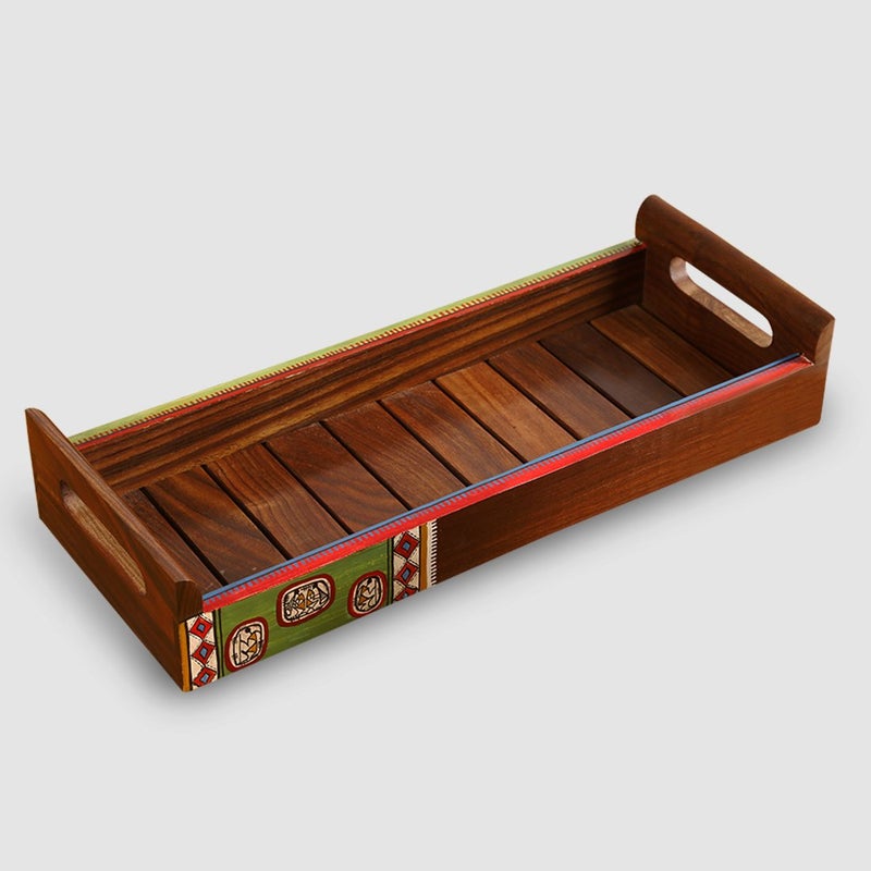ExclusiveLane Warli Handpainted Decorative Wooden Tray Breakfast Coffee Tea Trays Serving Tea Trays for Snacks (Rectangular shaped, Brown) - Image 2