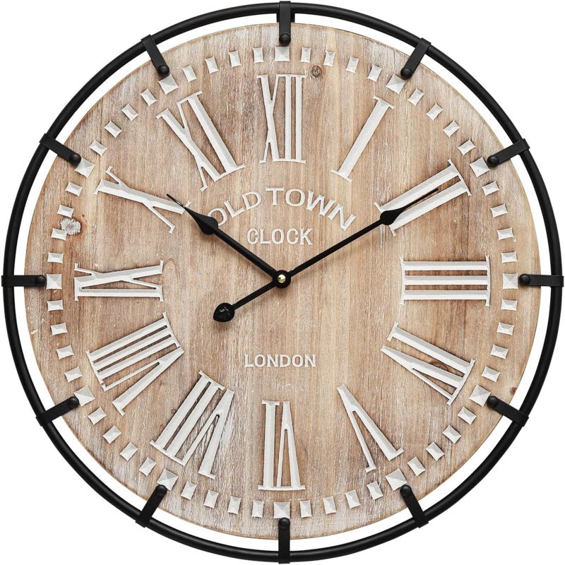 MODE HOME MODE HOME Large Farmhouse Wall Clock 24 Inch Rustic Wooden Wall Clock Decorative with Metal Circle and Engraved Numerals Silent Battery Operated for Kitchen Bedroom Living Room Fireplace Mantel