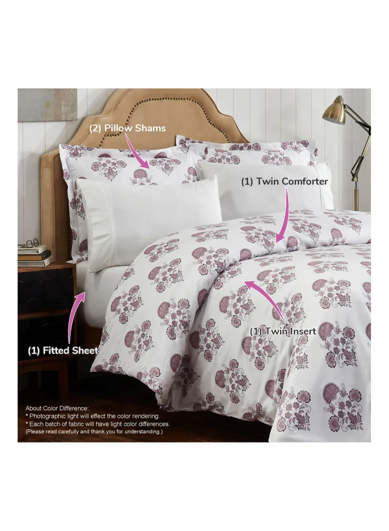 Donetella Comforter Set 5-Piece Cotton Bedding Set With Removable Filler Single Size Fits  120X200 Cm Off White/Purple