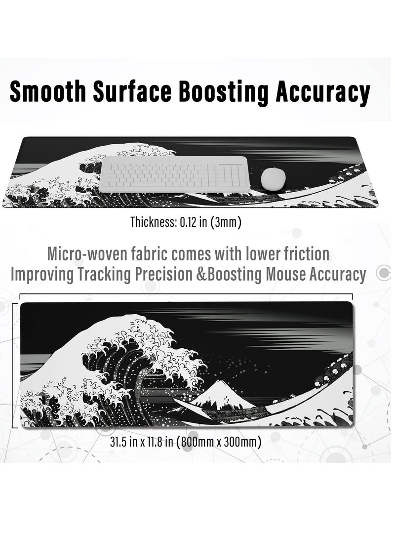 Extended Gaming Computer Mouse Pad, Large Black Mouse Pad for Desk, Cute Anime Japanese Great Wave Desk Pad for Keyboard and Mouse, Black, 31.5 x 11.8 x 0.12 inches - Image 2