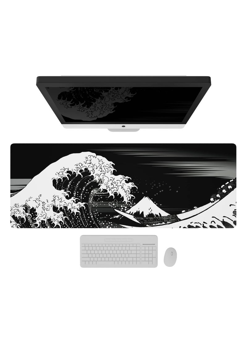 Extended Gaming Computer Mouse Pad, Large Black Mouse Pad for Desk, Cute Anime Japanese Great Wave Desk Pad for Keyboard and Mouse, Black, 31.5 x 11.8 x 0.12 inches - Image 3
