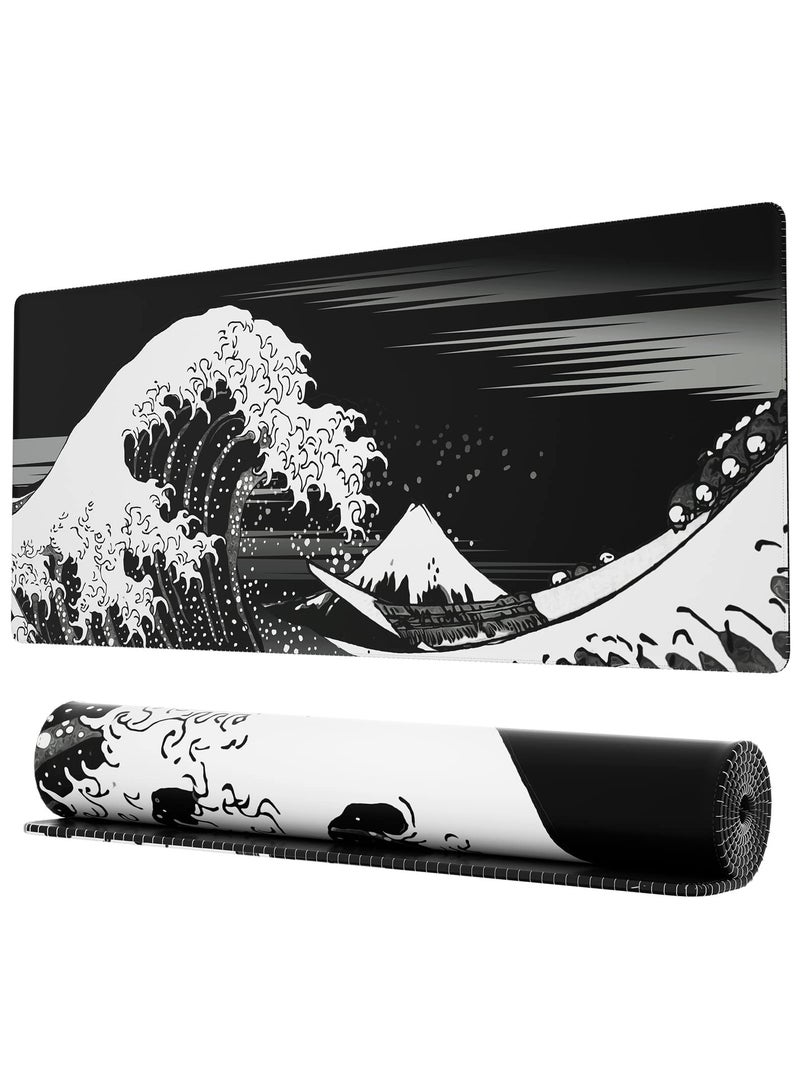 Extended Gaming Computer Mouse Pad, Large Black Mouse Pad for Desk, Cute Anime Japanese Great Wave Desk Pad for Keyboard and Mouse, Black, 31.5 x 11.8 x 0.12 inches - Image 1