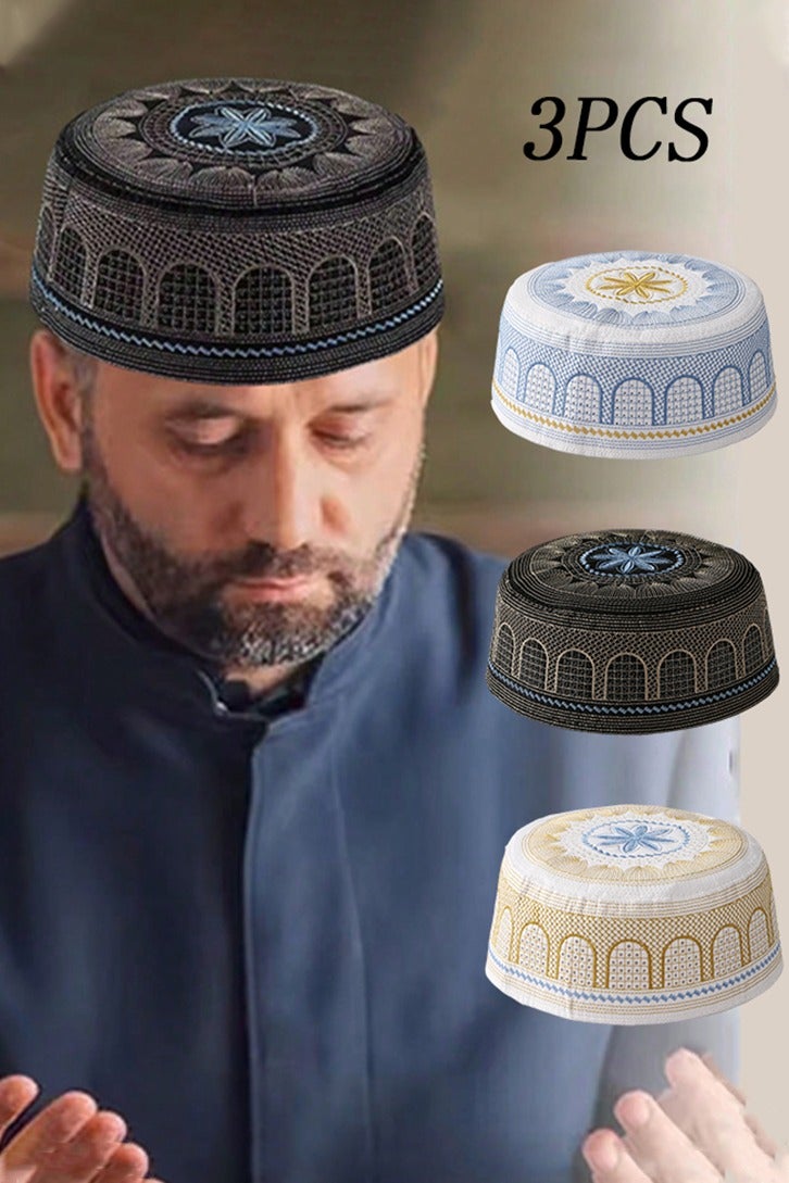 3 Pcs Eid Muslim Prayer Kufi Hat for Men Prayer Headwear Cap Islamic Beanie Cap Embroidery Foldable Sun Hat - Image 1