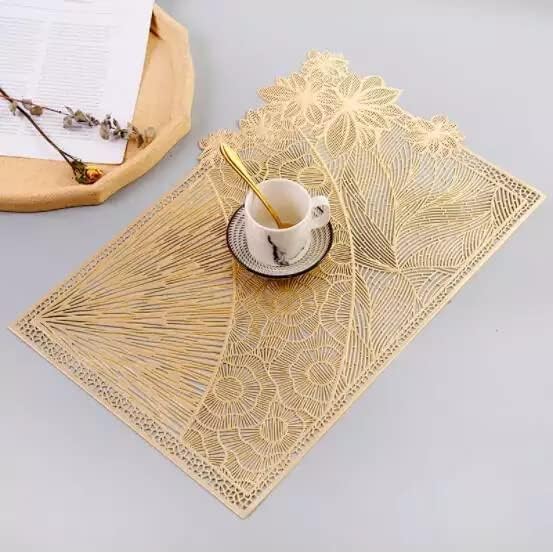 click2shop click2shop Washable PVC Vinyl Metallic Placemats NonSlip Golden Silver Table Mats for Dining Table Decoration Elegant Rectangle Flower Design Pack of 1 Golden  - Image 1